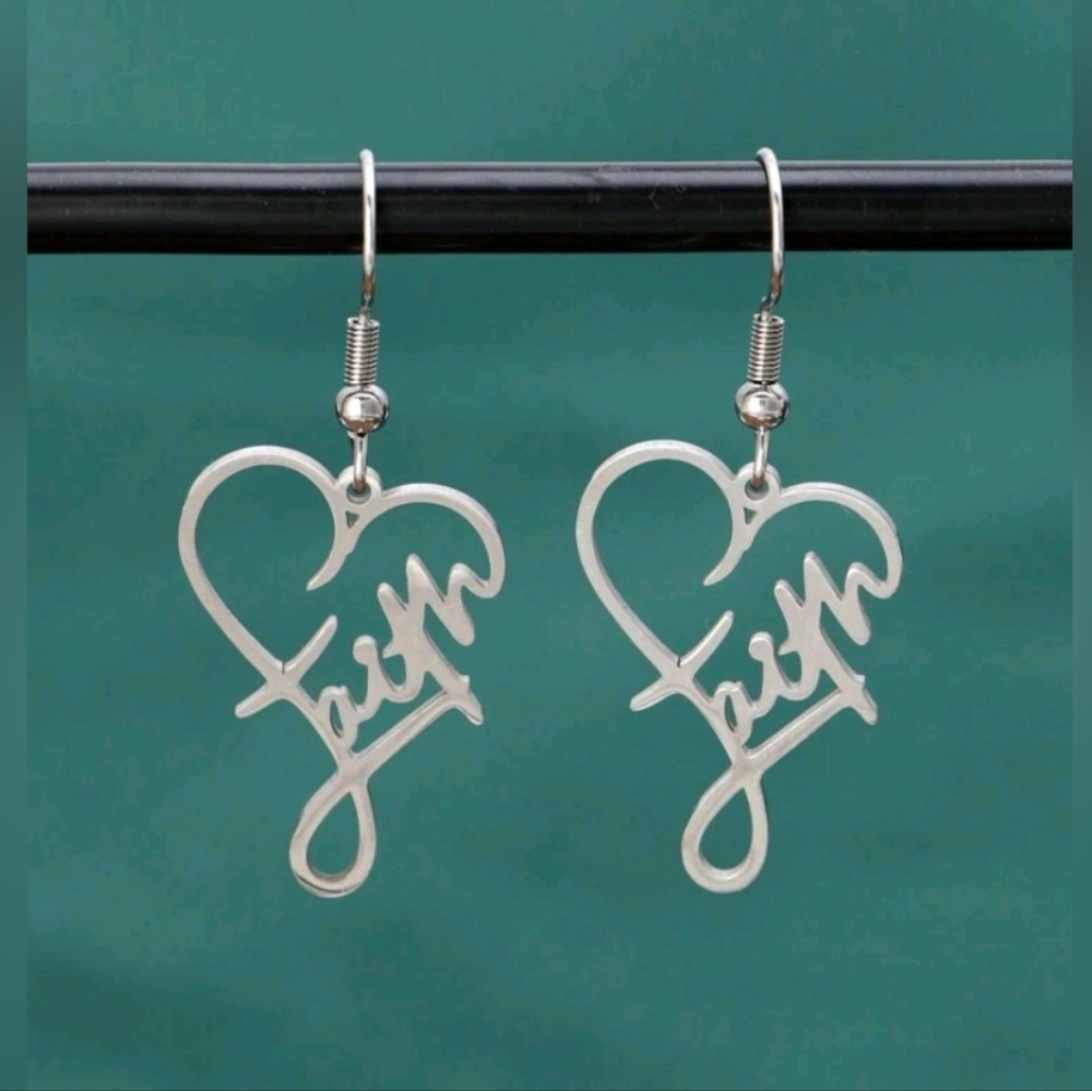 NEW Heart Faith Stainless Steel Dangle Earrings